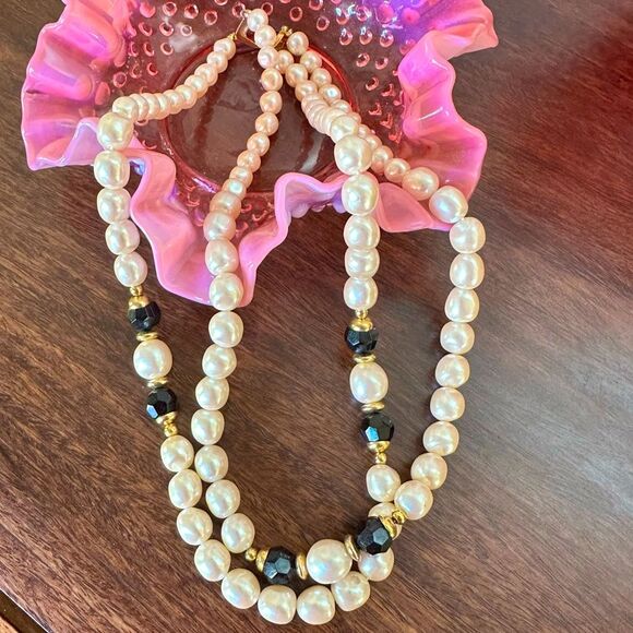Vintage retro faux Pearl w Black Bead 2 Strand Necklace - Picture 1 of 4